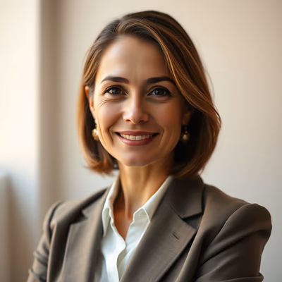 A woman with shoulder-length hair smiles confidently while wearing a smart blazer and earrings.