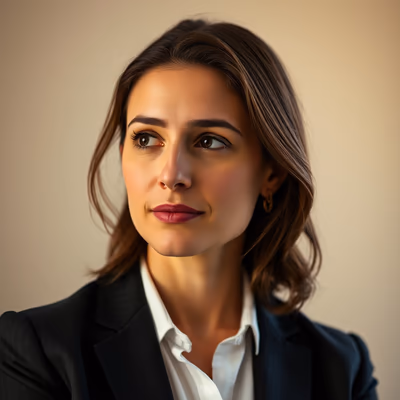 A professional woman with long brown hair is shown in a thoughtful pose, wearing a blazer and a white blouse.