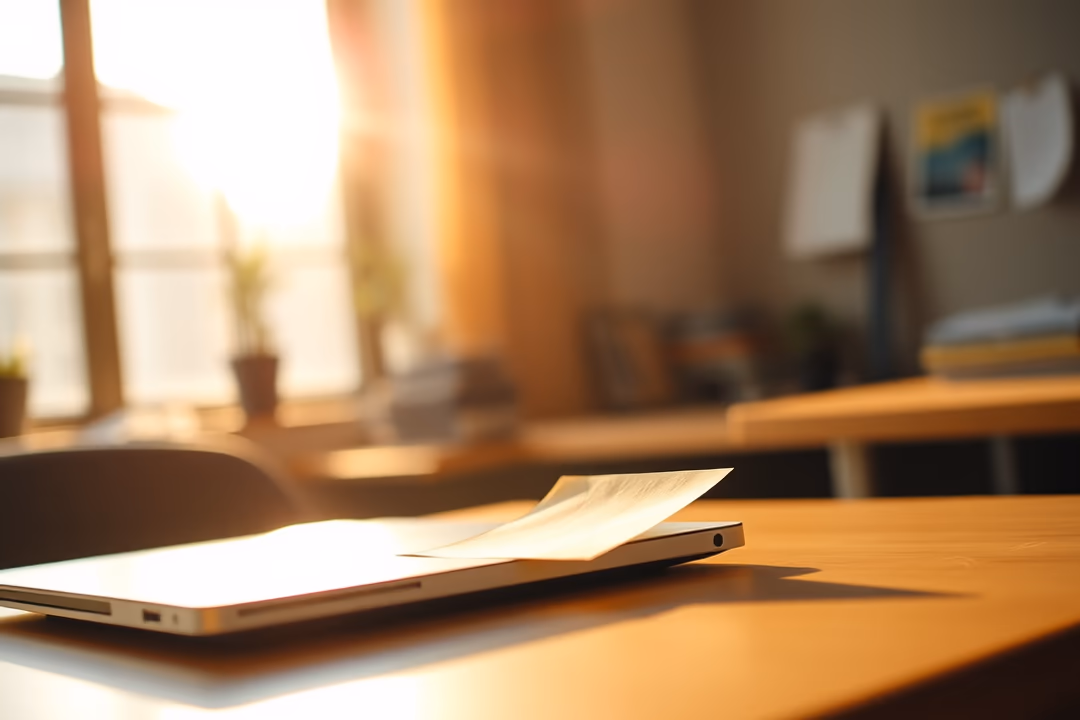 A laptop sits on a wooden desk with soft sunlight streaming through a window, casting a warm glow on the scene.