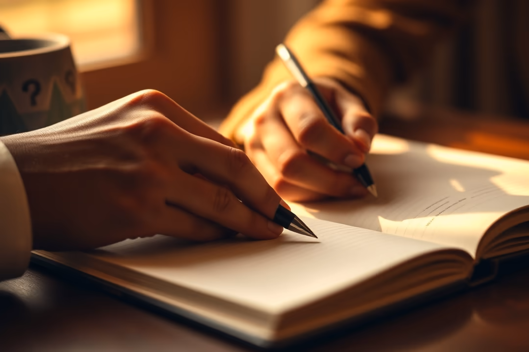 A close-up of two hands writing in an open notebook, with one hand holding a pencil and the other a pen, against a backdrop of warm lighting.