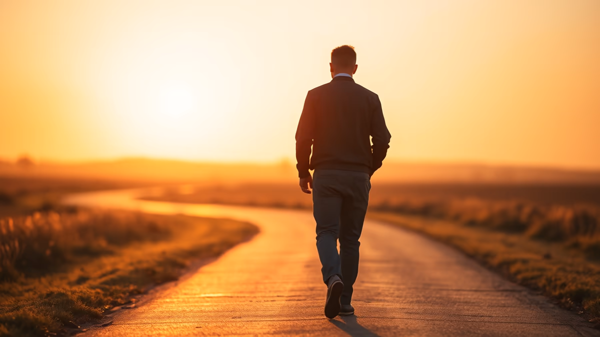 A man walks along a winding path at sunset, with the sun casting a warm glow on the landscape.