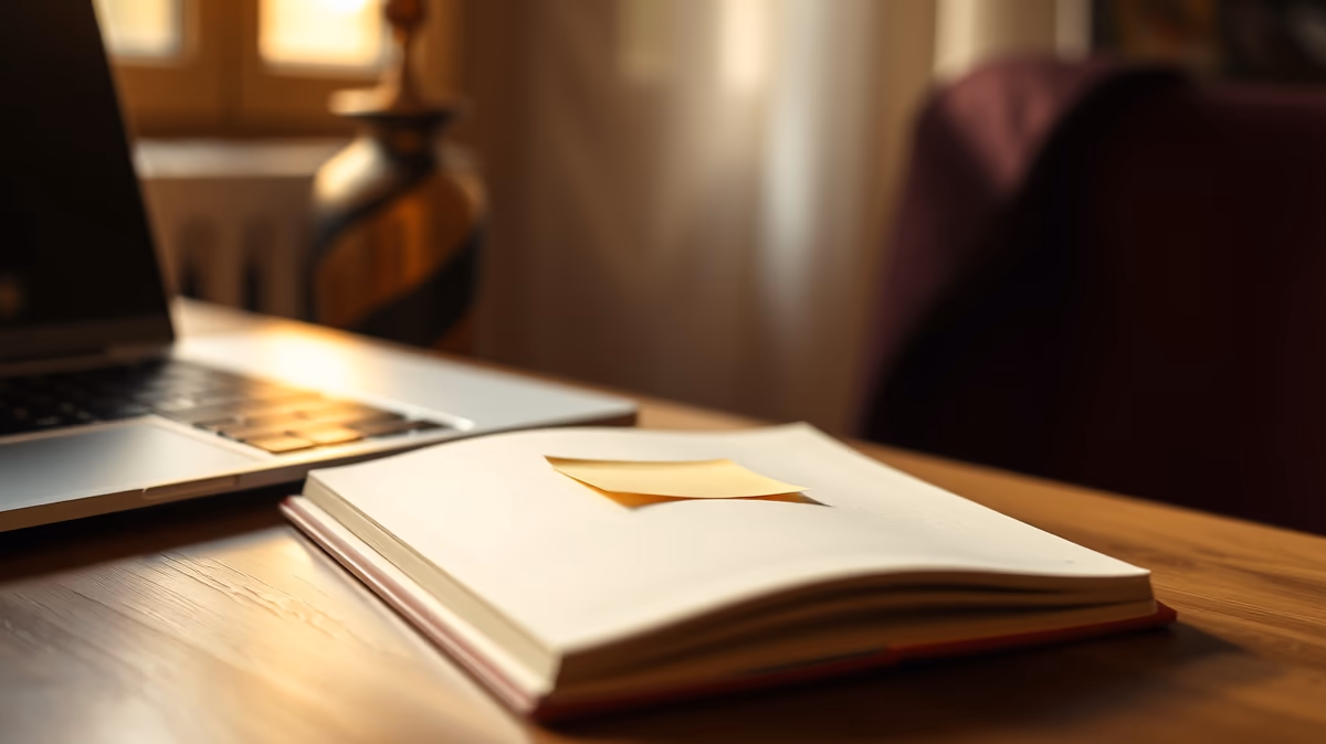 A close-up view of an open book with a sticky note on its pages, next to a laptop on a wooden desk.