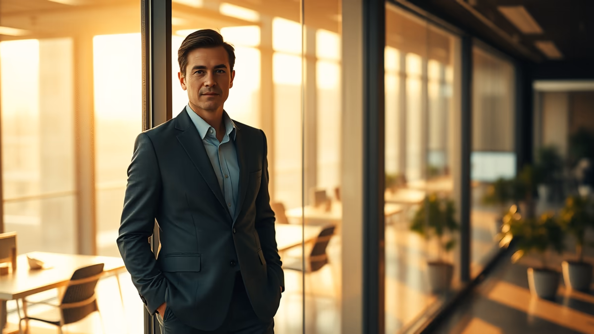A man in a business suit stands confidently in an office space during sunset, with glass walls reflecting warm light and greenery visible in the background.