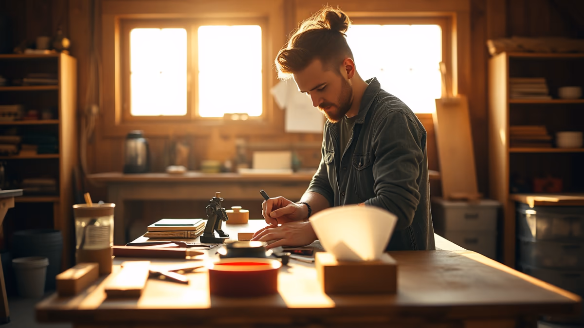 A man is working at a wooden table in a well-lit workshop, surrounded by various tools and materials.