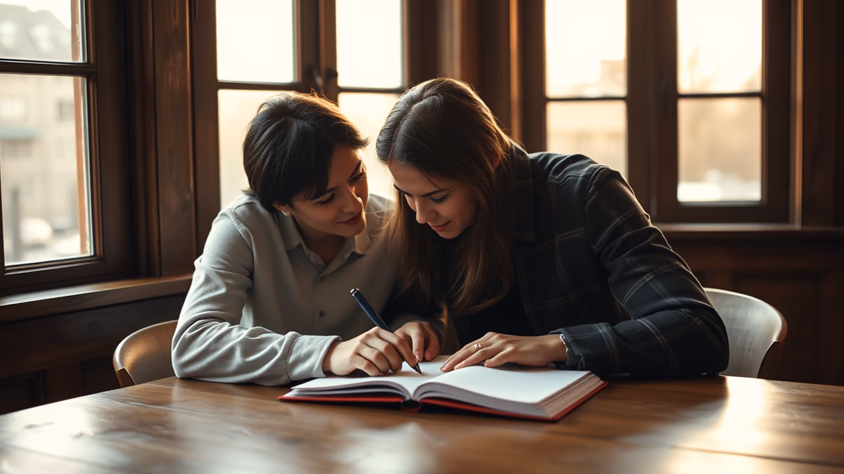 Two people are sitting at a wooden table, leaning close together to write in a notebook, with large windows showing a warm, sunset glow in the background.