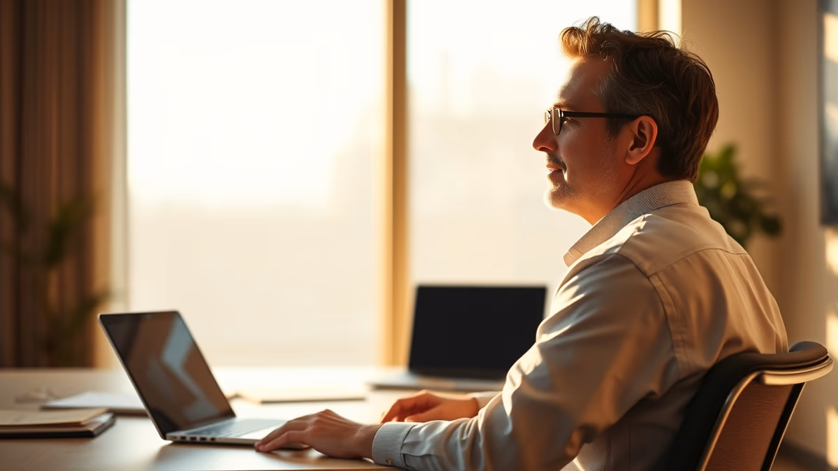 A man sitting at a desk with a laptop, facing a window with soft sunlight illuminating the room.