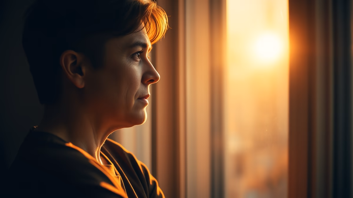 A person gazes thoughtfully out of a window during sunset, with warm light illuminating their face.